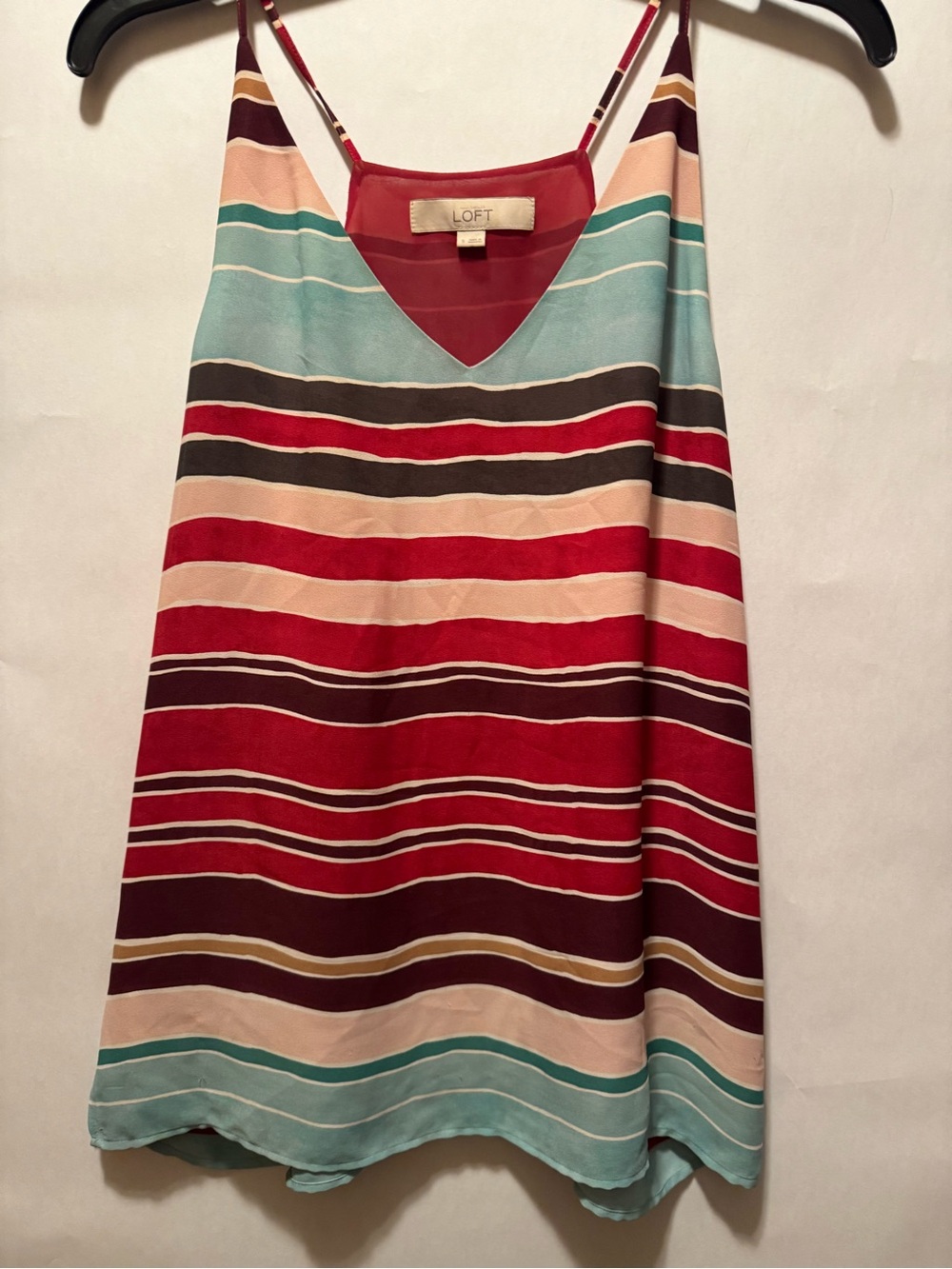 LOFT women’s Red and Aqua Striped Silk-Blend V-Neck Cami Sz small